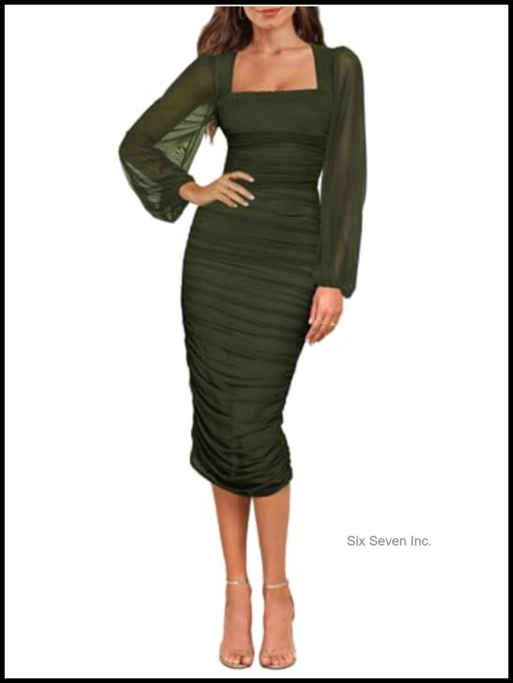 Sexy Ruched Bodycon Midi Dress Long Puff Sleeve Square Neck Mesh Cocktail Party